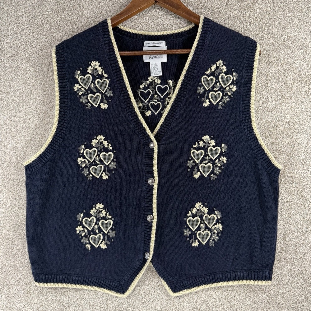 Vtg Y2K Knit Vest XL Blue Hand Embroidered Flower Heart Cottage Granny‎ Core